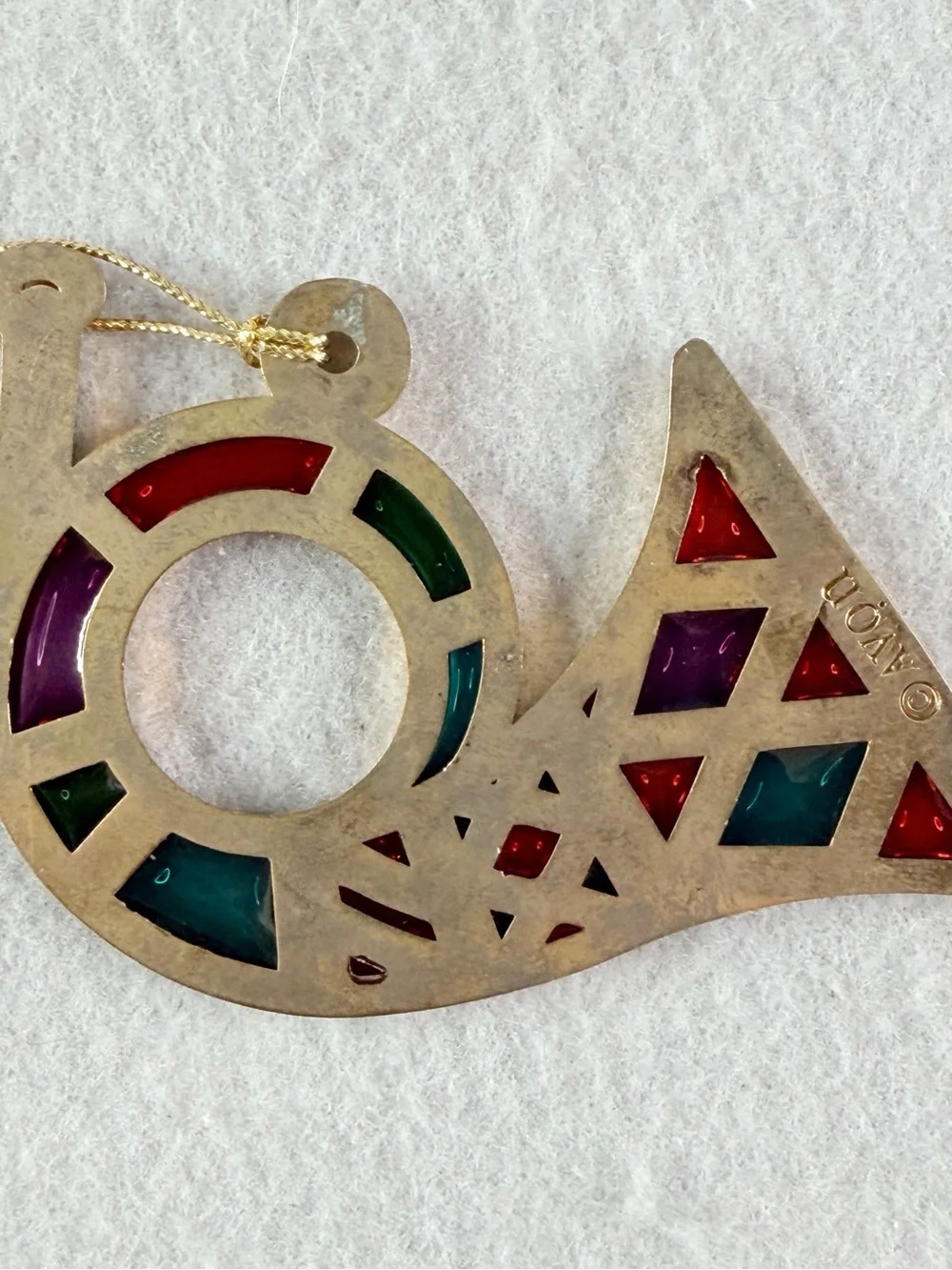 Vintage Avon Christmas Ornament Stained Glass Horn Snow Fantasy 1984 Holiday